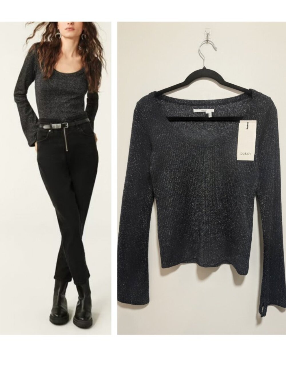 ba&sh | Lily Ribbed Metallic Scoop Neck In Black/Silver